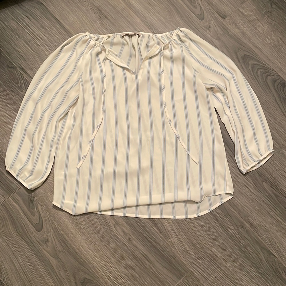 Ann Taylor loft size small white & blue striped sheer blouse.